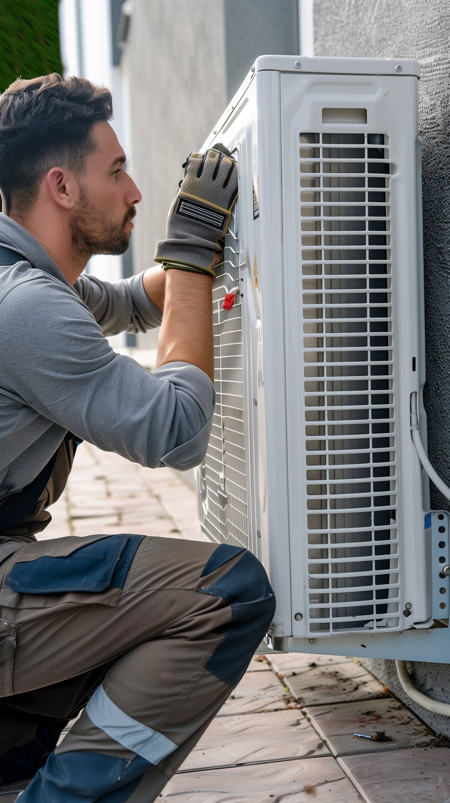 Technician working on the installation of a new energy efficient heat pump system for a residential home - AI generated